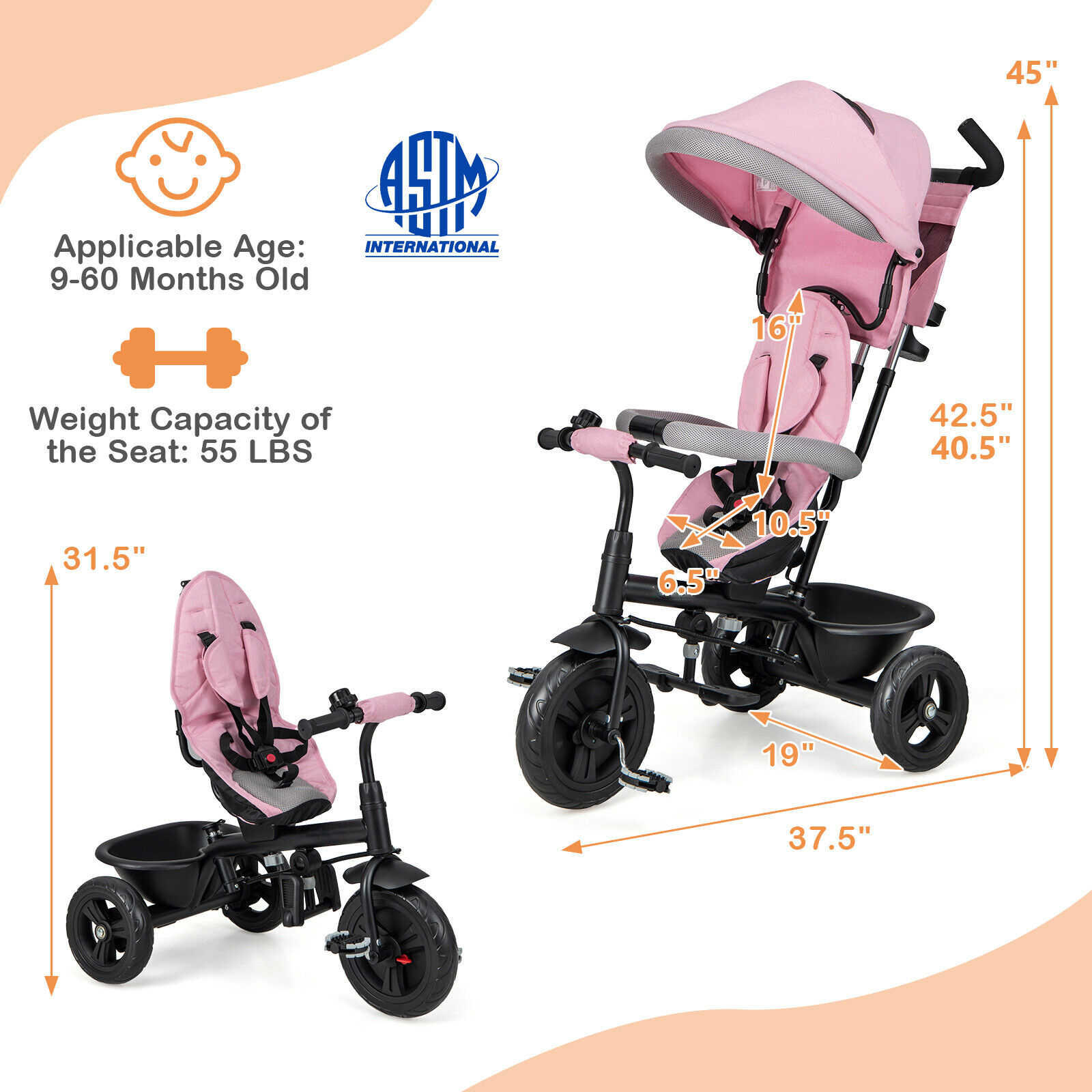 Amijoy 4-in-1 Kids' Tricycle Stroller, Toddler Push Bike with Adjustable Push Handle, Reversible Seat, Folding Canopy & Detachable Guardrail