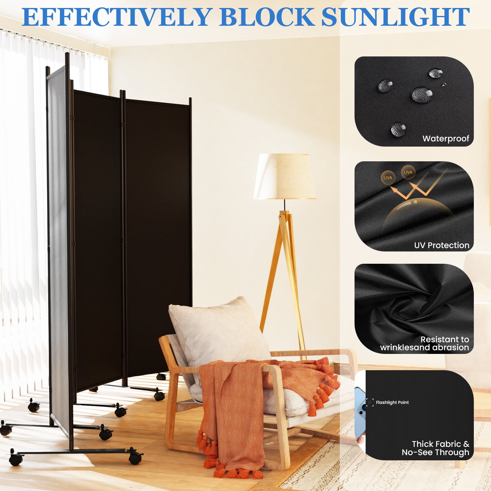 SUNALLY Rolling Room Dividers 6FT 4 Panel, Folding Privacy Screens with Lockable Wheels, 88" W Portable Wall Divider Room Separation for Porch Living Room Dorm Studio Office, Black
