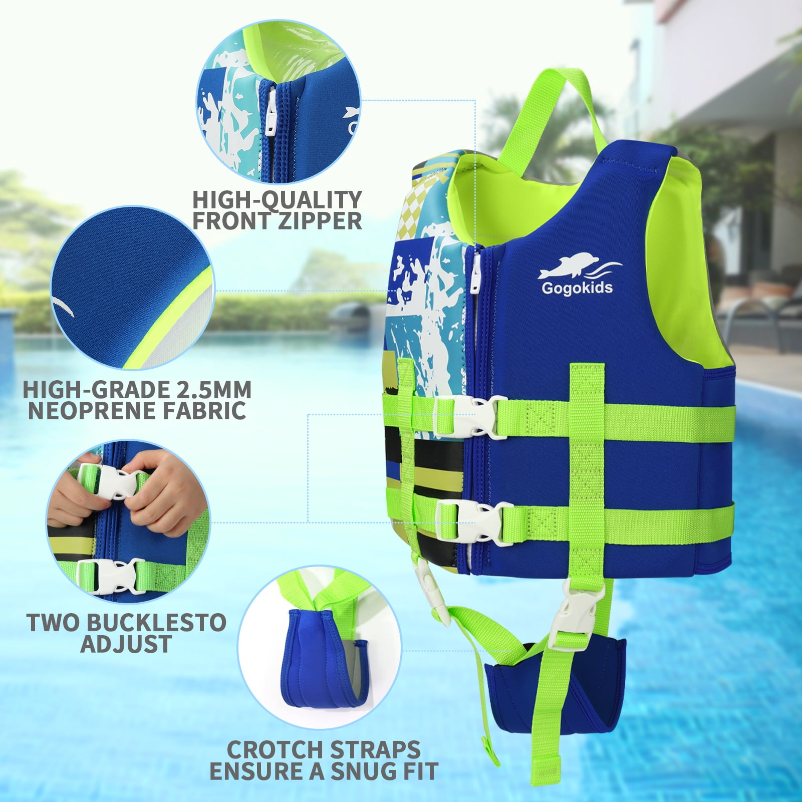 Gogokids Kids Swim Vest Life Jacket, Float Suit Children Flotation Buoyancy Swimsuit Swimwear Swimming Learning for Children, Blue