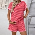 thumbnail image 2 of Two Piece Sets for Women Casual Stripe Round Neck Short Sleeve Blouse Fashion Short Pants Sport Suit, 2 of 8