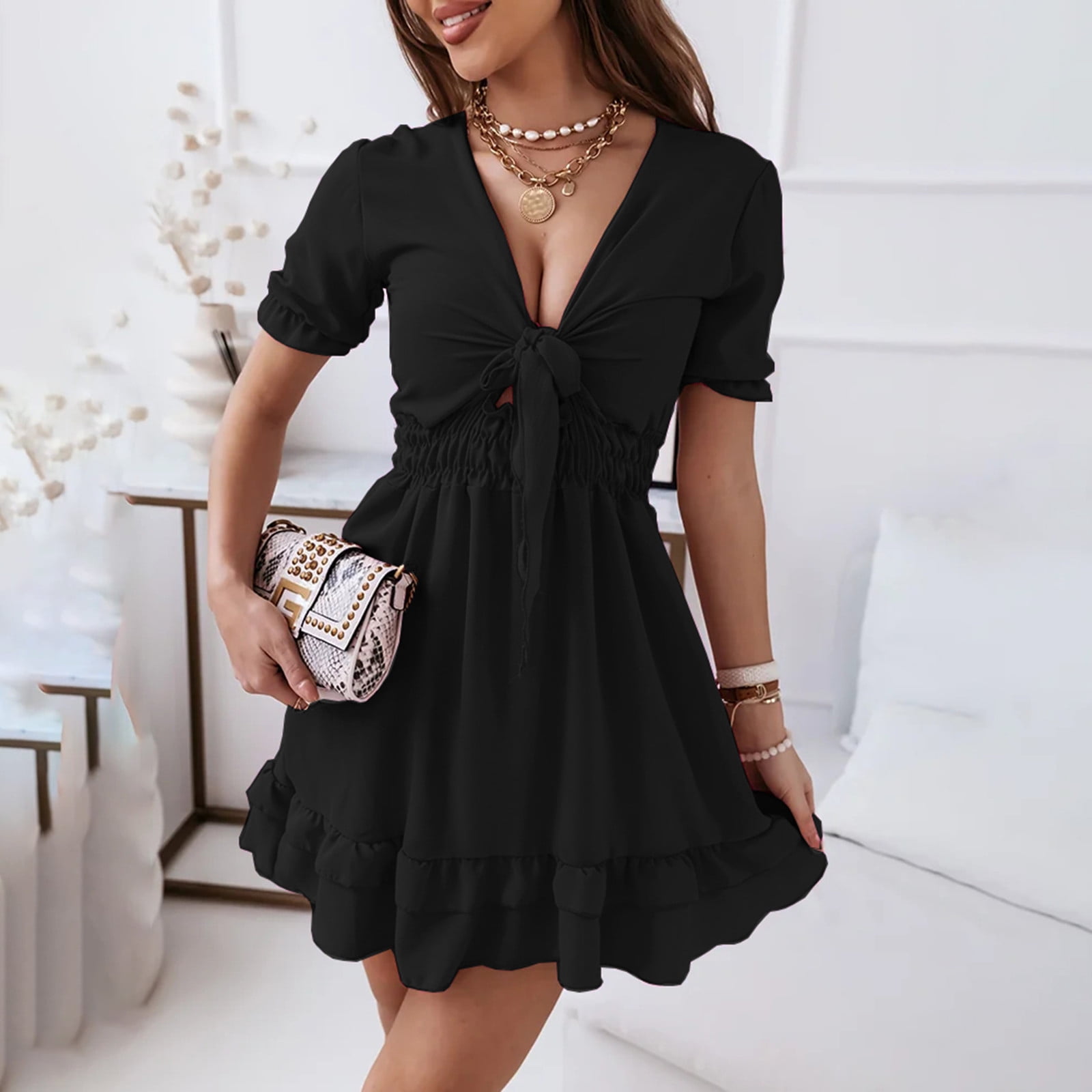 Summer Dresses for Women Casual V-neck Solid Color Ruffles