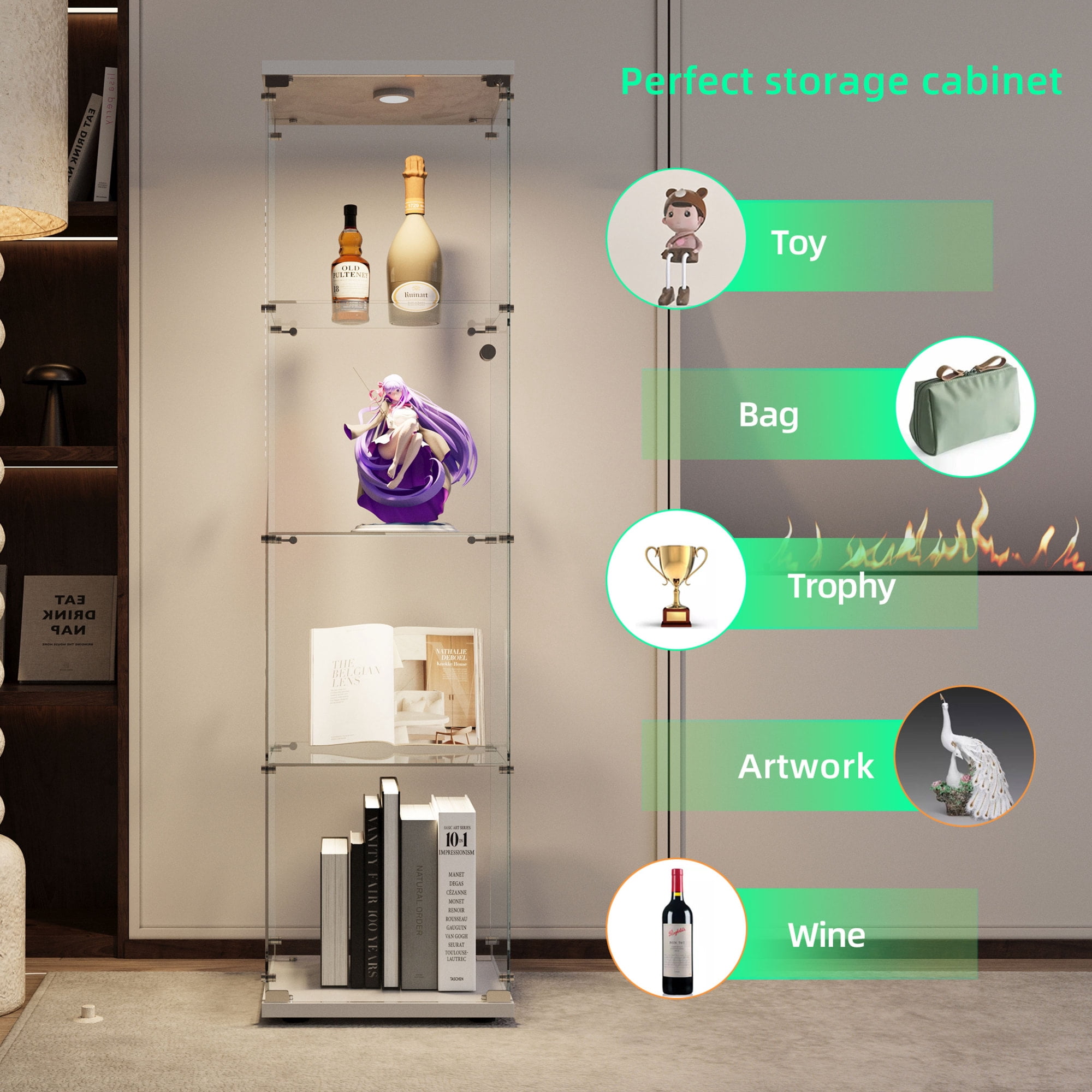 4-Tier Glass Display Cabinet with Glass Doors,65" Floor Standing Curio Bookshelf Collection Display Case for Living Room Bedroom Office,White