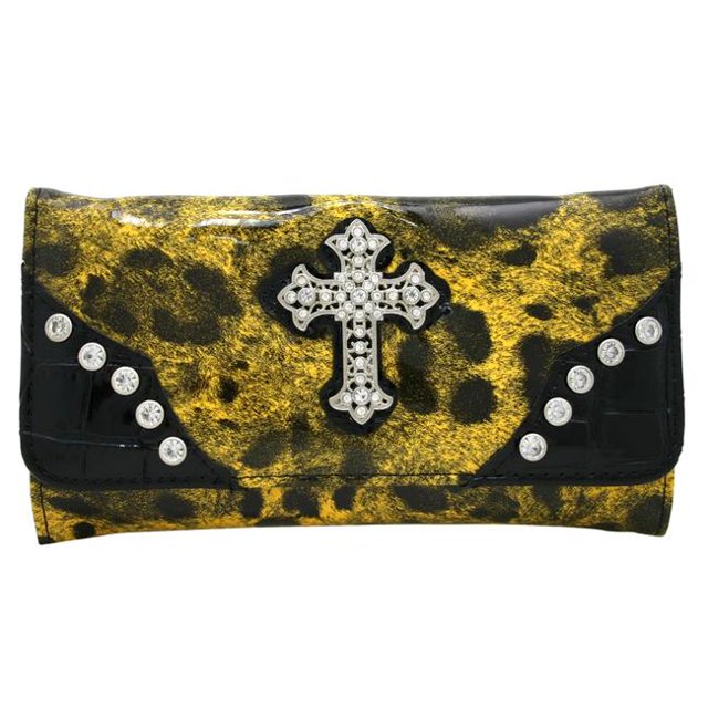 Gold Rush WC99-YE & LP Western Rhinestone Cross Accent Wallet - Yellow & Leopard
