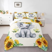 Manfei Kawaii Animal Elephant 3 Pieces Queen Comforter Set for Kids Children,Chic Floral Sunflowers Ultra Soft Bedding Sets,Cartoon Wildlife Bedding Comforter Set Breathable,Luxury Bedroom Decor