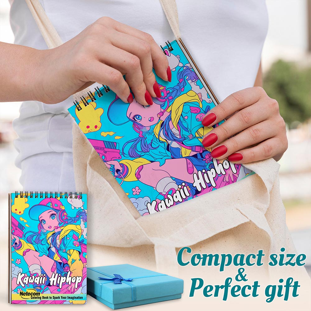 Netecom Kawaii Hiphop Coloring Book for Adults, A5 Wooden Cover, Spiral Bound Edition, 30 Stylish and Playful Coloring Pages of Trendy Hiphop Girls for Stress Relief and Relaxation
