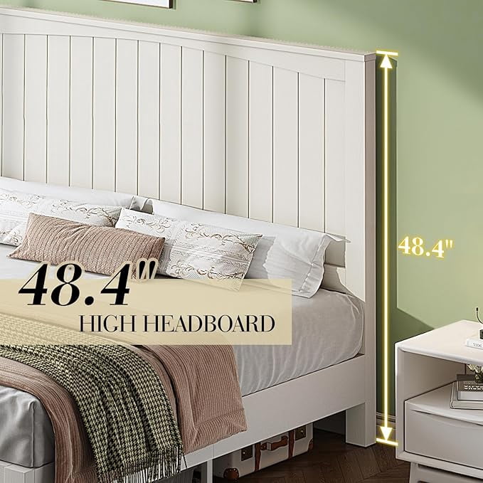 VanAcc Full Size Solid Wood Bed Frame with 48.4" Tall Headboard, Mid-Century Modern Platform Bed with Wooden Slats, Easy Assembly, White