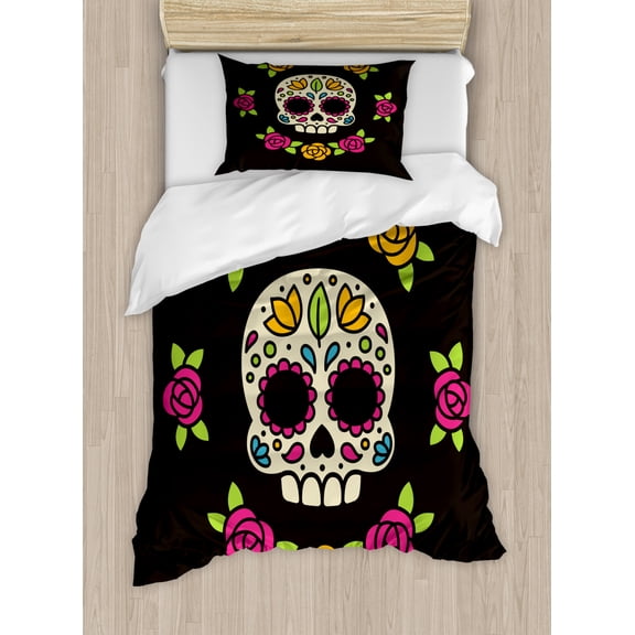 Sugar Skull Duvet Cover Set Twin Size, Dia de los Muertos Concept Colorful Graphic Skull Figure with Floral Wreath, Decorative 2 Piece Bedding Set with 1 Pillow Sham, Multicolor, by Ambesonne
