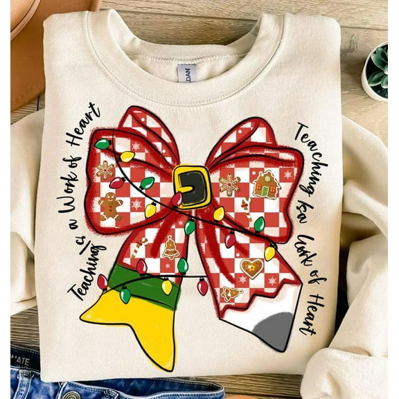 Christmas Teacher Sweater, Teaching Is a Work of Heart Coquette Plaid Bow Pencil Holiday Sweatshirt