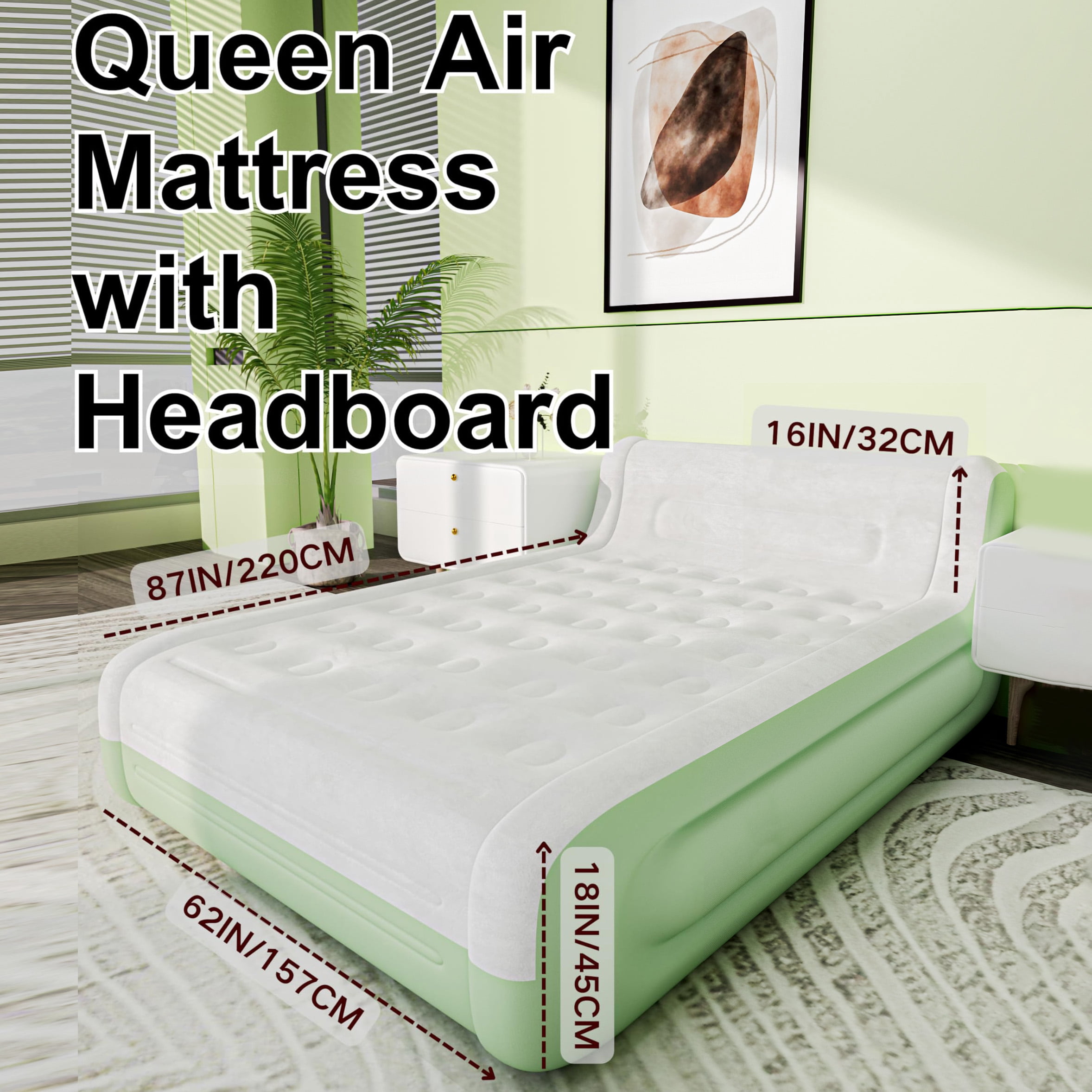Queen Air Mattress with Headboard,Built in Pump,18”Self Inflating Air Bed for Family Guest Travel Camping,Green
