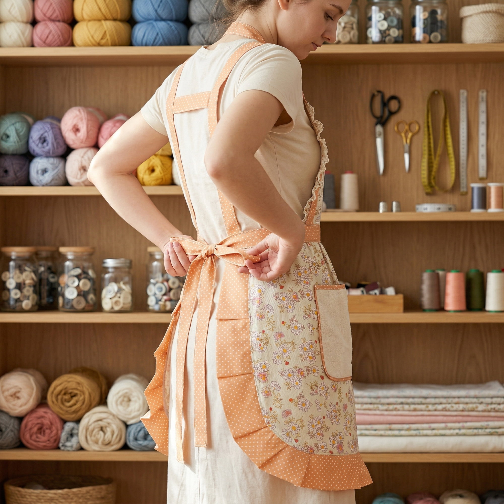 Unique Bargains Durable Floral Kitchen Apron with Pockets and Adjustable Tie Green