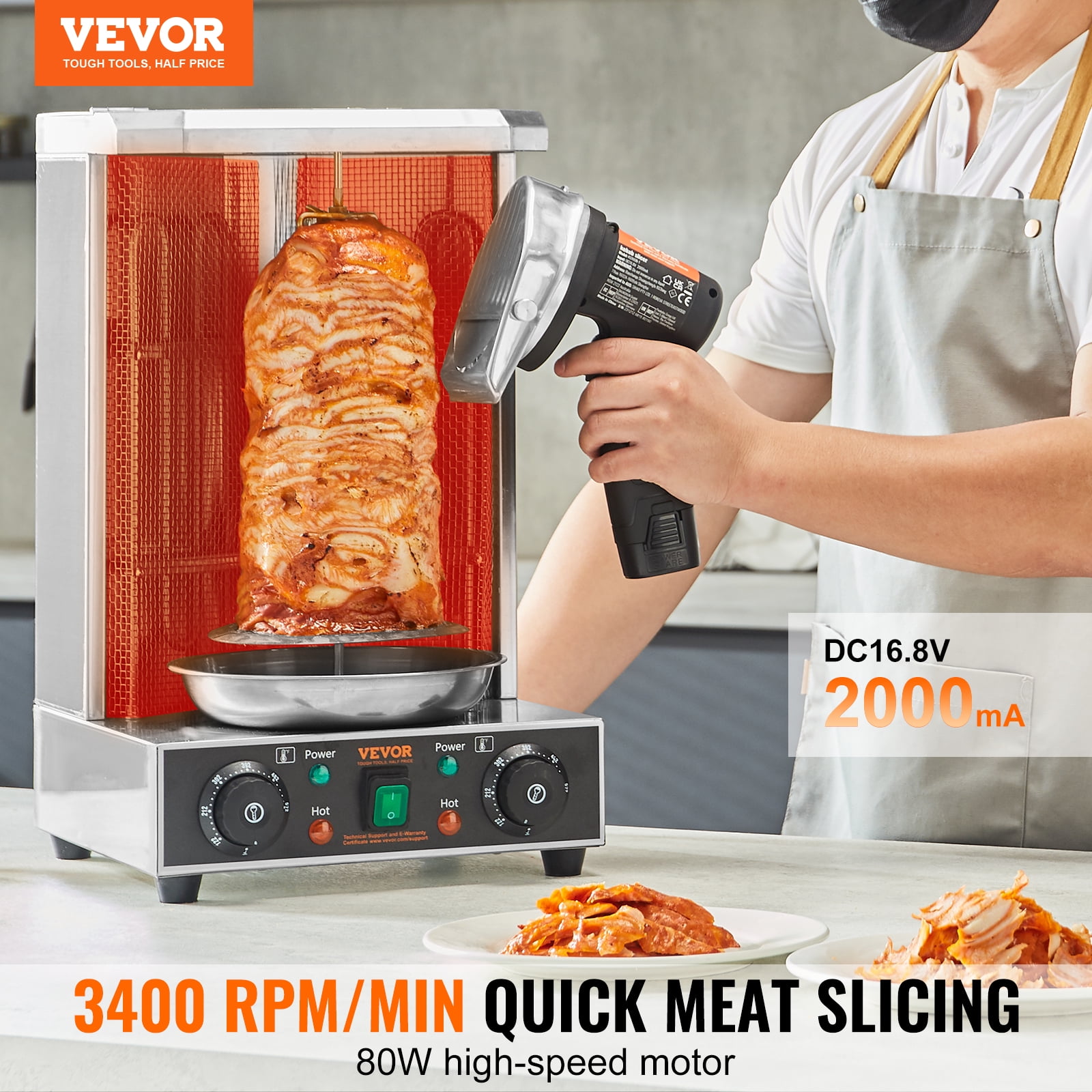 VEVOR Electric Shawarma Knife, 80W Cordless Battery Professional Turkish Knife, Commercial Stainless Steel Gyro Cutter, Doner Kebab Meat Slicer with 2 Blades, Φ4"/100mm,0-8mm Adjustable Thickness