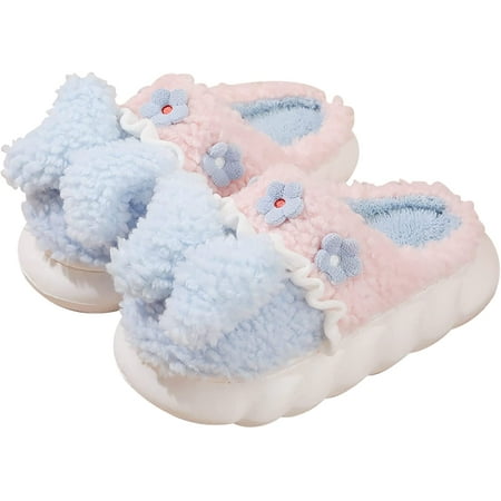 

PIKADINGNIS Cute Flower and Bow Womens Slippers Fuzzy Fur Slippers Soft Thick Sole Support Plush Slippers Indoor/Outdoor Bedroom Slippers