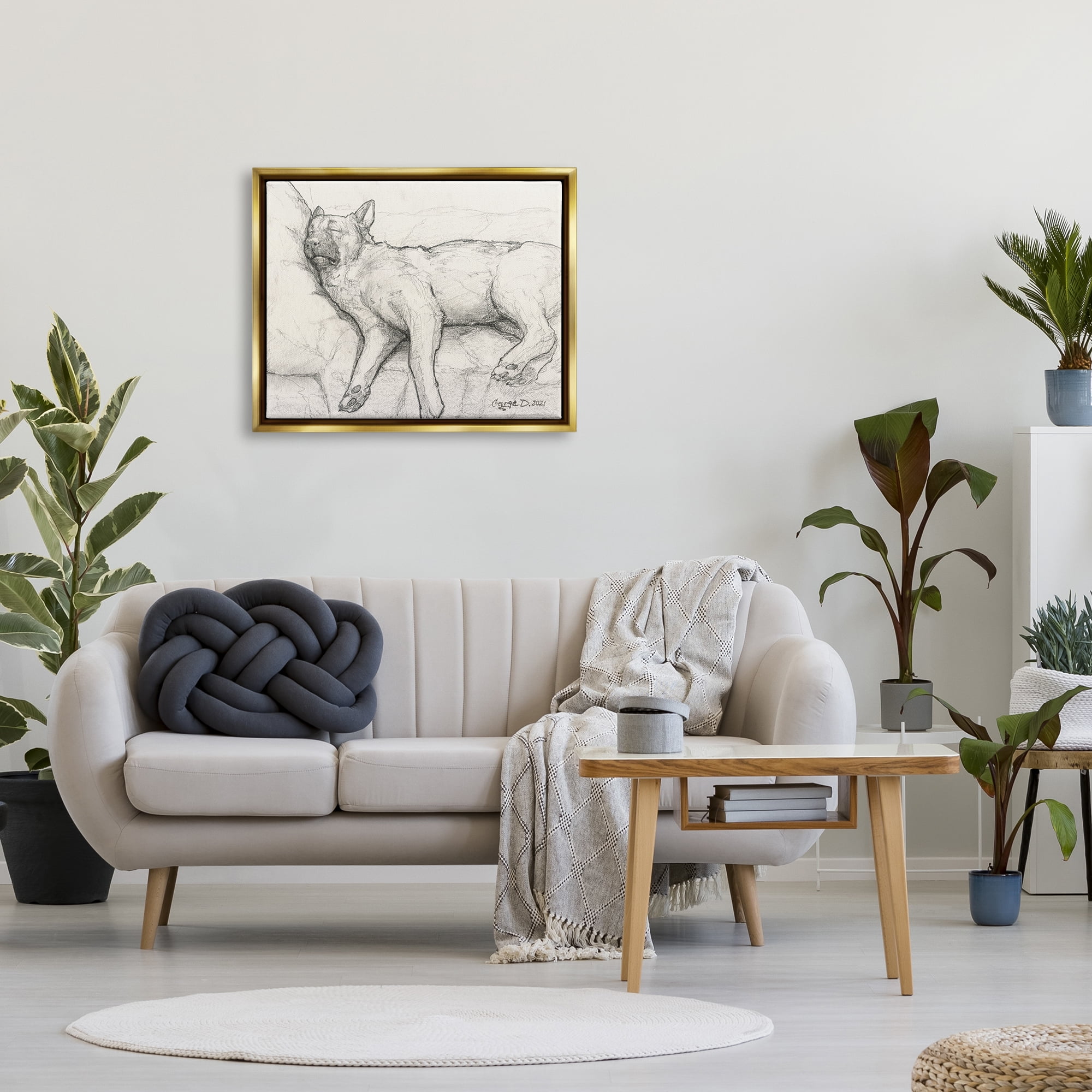 Stupell Industries Tired Dog Sleeping Intricate Graphite Pencil Sketch Drawing Print Metallic Gold Floating Framed Canvas Print Wall Art, Design by George Dyachenko