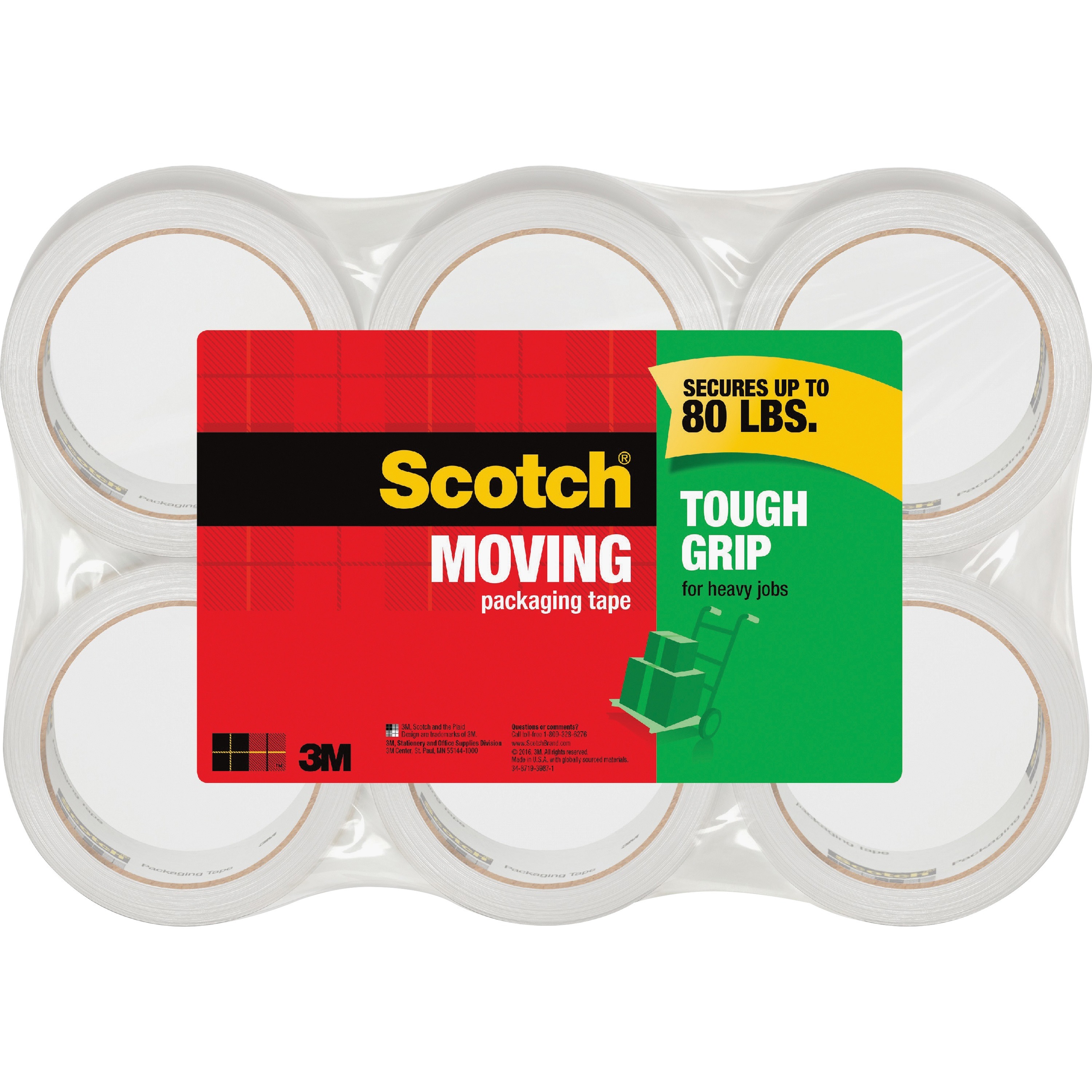 Scotch, MMM3500406, Tough Grip Moving Packaging Tape, 6 Per Pack, Clear