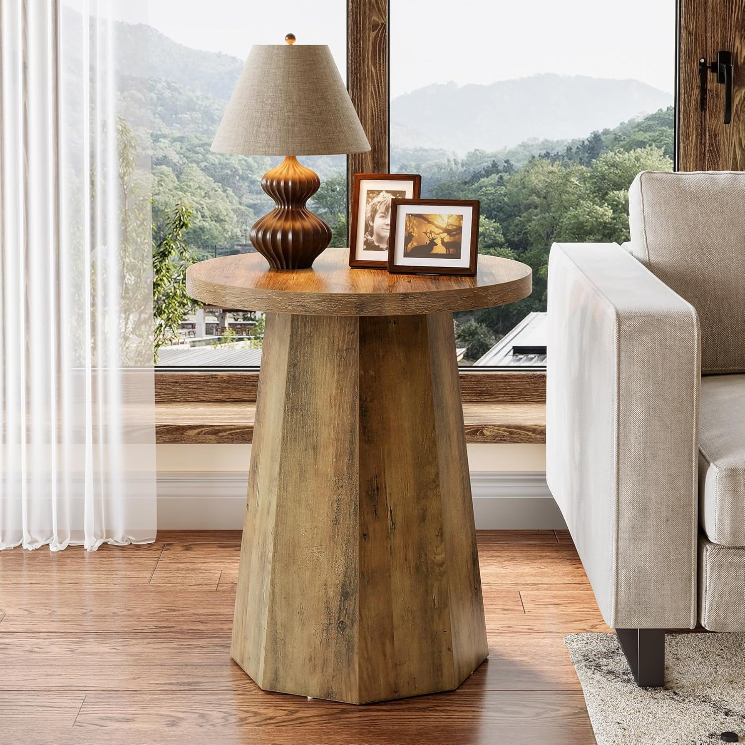 Tribesigns Farmhouse Round End Table, Wooden Couch Side Table with Octagonal Base for Living Room, Bedroom