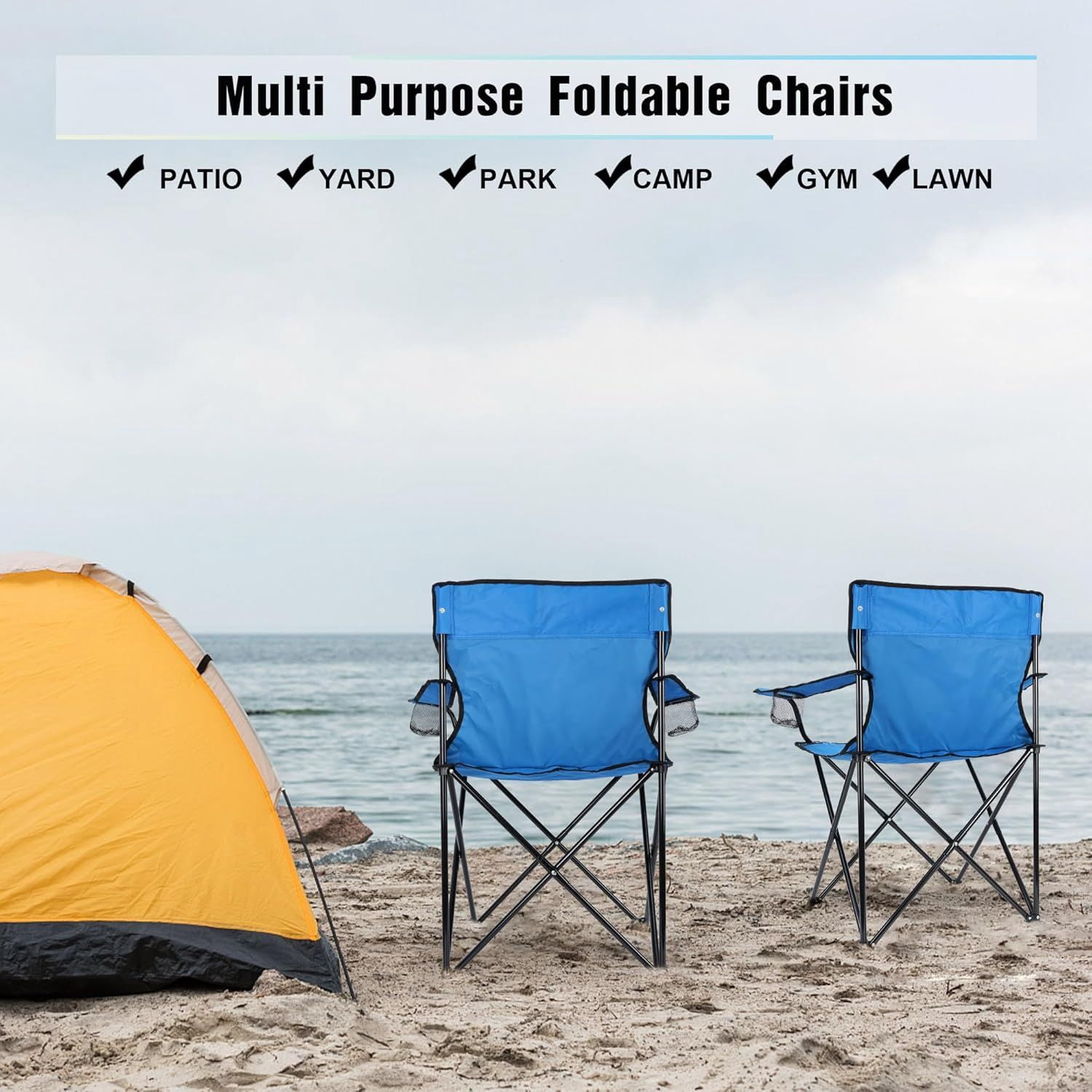 Foldable Camping Chair Set of 2, Folding Camp Chairs for Adults, Large Portable Lawn Chair for Outdoors Fishing, Hiking, Travel, Picnic, Beach, Supports 275lbs & Include Storage Bags