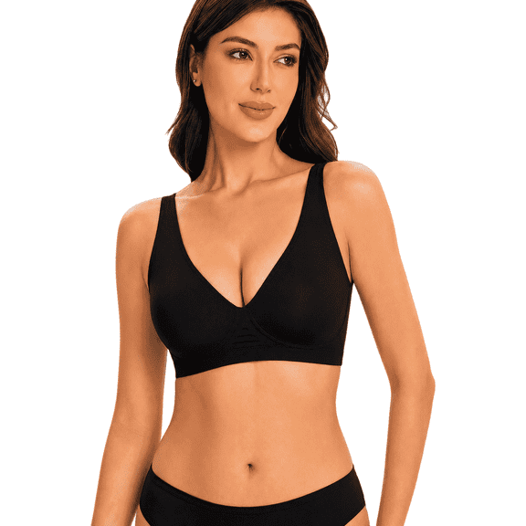 Roszoe Women’s Deep V Wireless Bra No Underwire Full Coverage Support Bra, 360° Jelly Strip Push Up Soft Comfort T-Shirt Bra with Bra Extender S-3XL