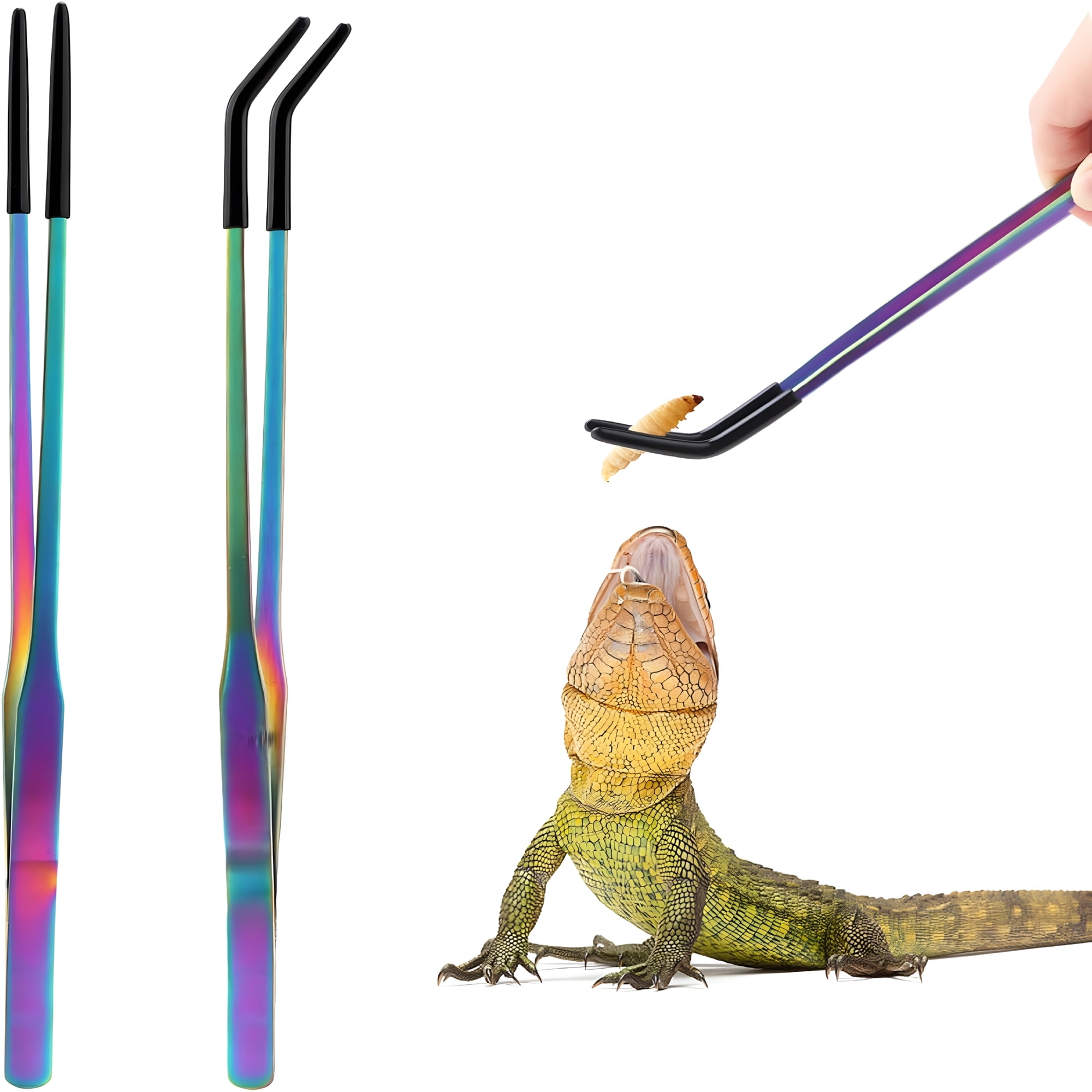 EXLEAF 10.6 Inch Stainless Steel Reptile Feeding Tongs with Rubber Tip, Straight & Curved Tweezers for Bearded Dragons, Lizards, Snakes, Aquarium & Terrarium Supplies