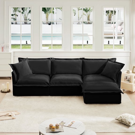 UXENAFANA 120" W Sectional Convertible Sofa L Shaped Modular Couch with Chaise Chenille Sleeper Set with 3 Oversized Seats Black