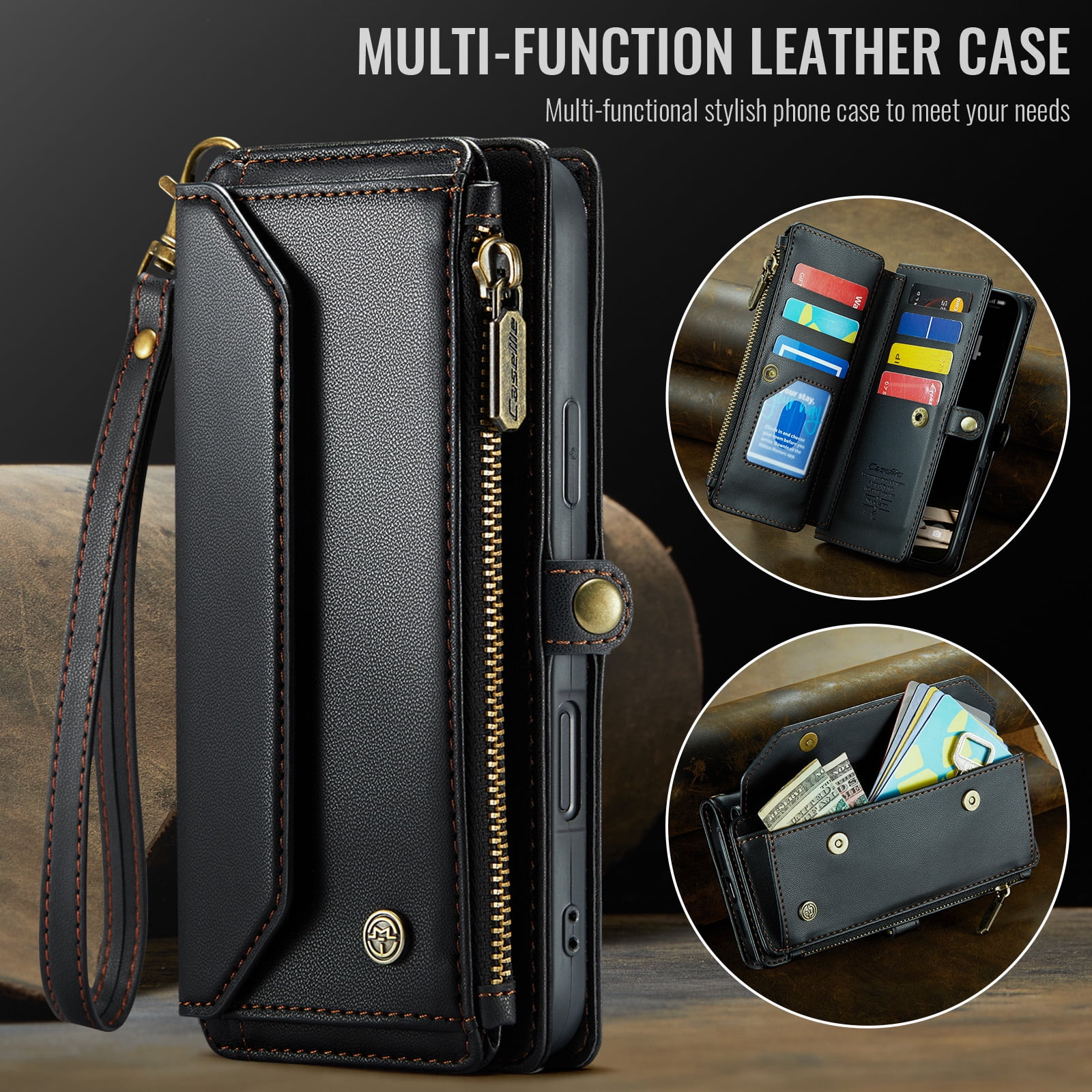 for iPhone 17 Pro Max Full Body Protection Wallet Folio Flip Case, Shoulder Strap & Wristlet Card Slots Zipper Pocket RFID Blocking Rugged Durable PU Leather Phone Case Cover, Black