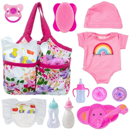 ZITA ELEMENT Baby Doll Accessories 13 Pcs Baby Doll Feeding and Caring Set Babies Pretend Doll Accessories Including Baby Doll Diaper Bag, Diapers, Clothes, Bottles, Dinner Plate, Pacifier and Comb