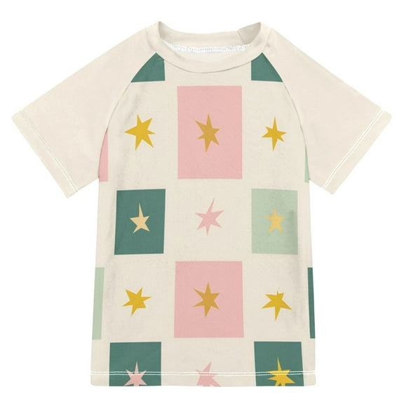 FORMRS Boys Rash Guard with Short Sleeves UPF 50  Swim Shirts Sizes 3-12T, Beige Abstract