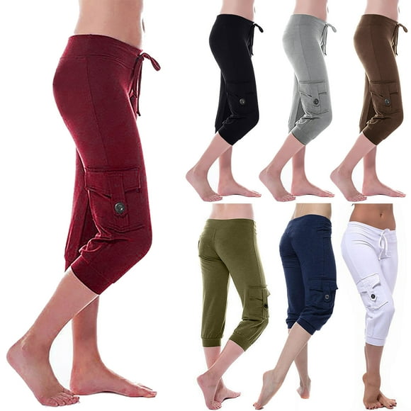 Fartey Capris Cargo pour Femmes Taille Élastique Pantalon Jogger à Cordon Léger Extensible Pantalon de Yoga Grande Taille Pantalon de Randonnée Extérieur avec Poches Gris TG