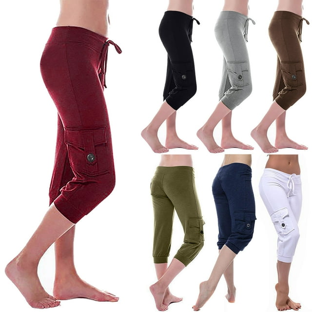 Fartey Capris Cargo pour Femmes Taille Élastique Pantalon Jogger à Cordon Léger Extensible Pantalon de Yoga Grande Taille Pantalon de Randonnée Extérieur avec Poches Brun TP