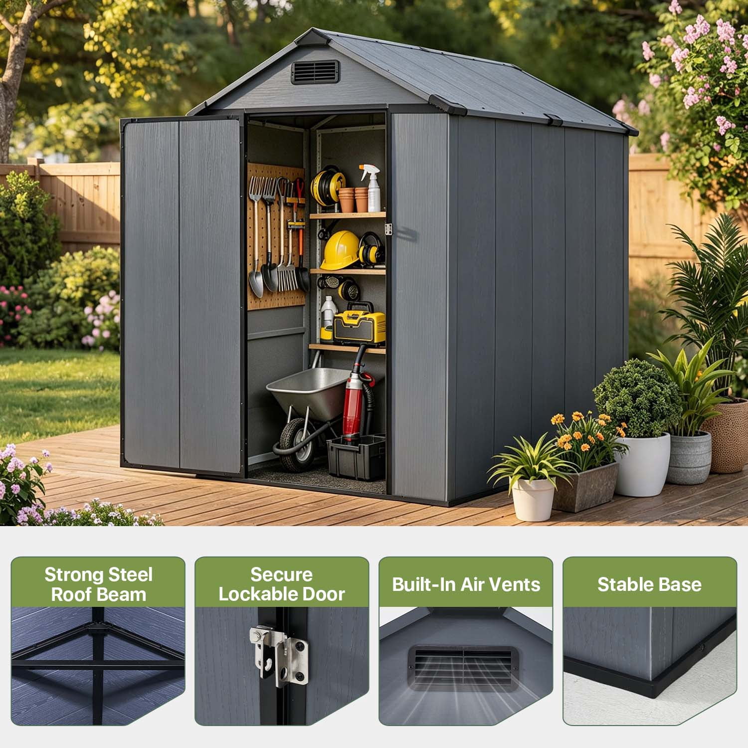 BaPiPro 6'x4' Resin Storage Shed, Heavy Duty Plastic Outdoor Shed with Floor, Metal Frame, Lockable Door, Weatherproof for Backyard, Garden, Patio, Gray