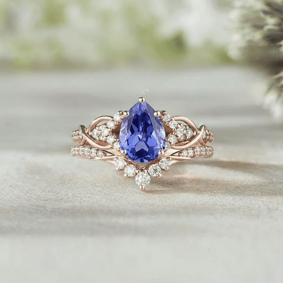 Unique Pear Cut Sapphire Bridal Engagement Ring Set in 14k Rose Gold Vermeil - Promise Ring Set -September Birthstone