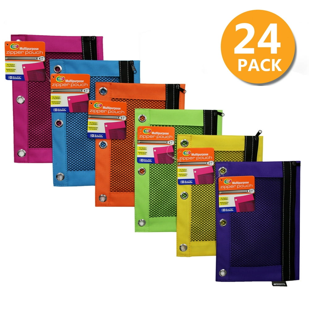 BAZIC Bright Color 3Ring Pencil Pouch w/Mesh Window, Bulk Stationery