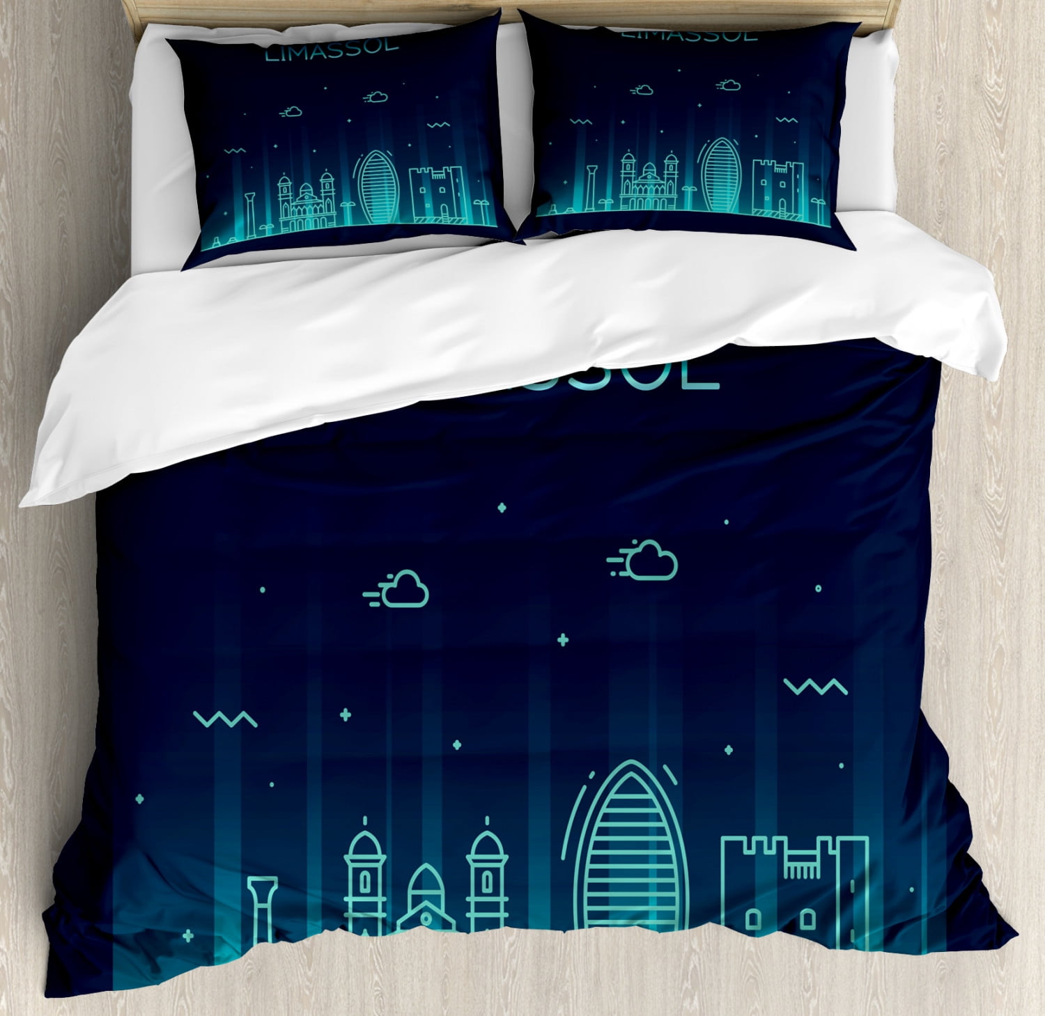 Cyprus Duvet Cover Set Queen Size, Futuristic Art Illustration of Limassol City Designed with