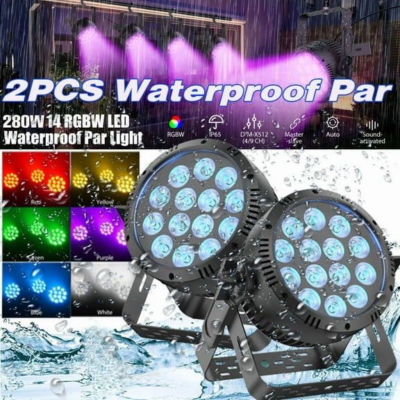 2 Pack Par Light IP65 Waterproof 14PCS RGBW 4-IN-1 LED Lighting Outdoor Stage Light DMX Party Strobe Effect DJ Light for Church Night Disco Club Wedding