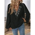 thumbnail image 3 of Women'S Boho Tops Long Sleeve V Neck Embroidery Blouse Linen Shirt Black XL, 3 of 8