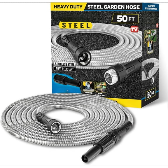 50 Ft Metal Garden Hose with Sprayer Nozzle, Non Kinking Designed Stainless Steel Heavy Duty Water Hose 50Ft x 5/8 in. Ultra Flexible NON Expandable for Uninterrupted Water Flow, 500 PSI