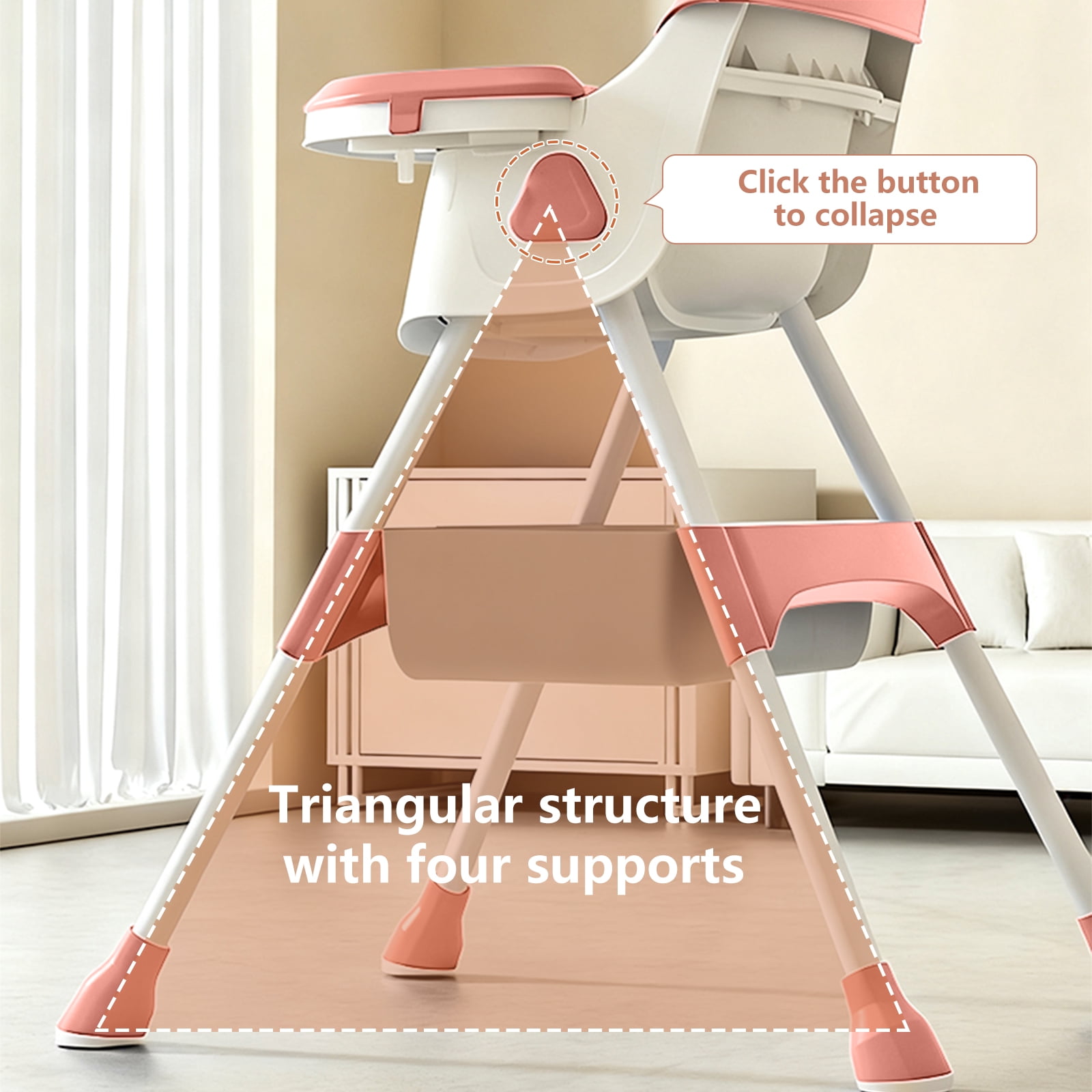 4-in-1 Foldable Baby High Chair, Portable Toddler Dining Chair for Eating & Playing, Convertible Highchair with Adjustable Tray, Pink