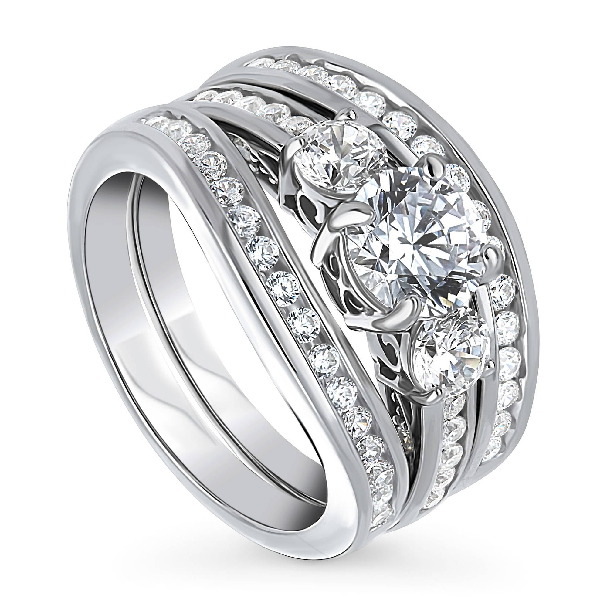 BERRICLE Sterling Silver CZ 3-Stone Anniversary Engagement Wedding Ring Set