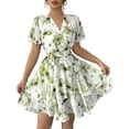 thumbnail image 3 of Womens Summer Dresses Floral V Neck Ruffled Hem Spaghetti Spring Casual Beach Outfits Flowy Wrap Sun Dress Green S, 3 of 8