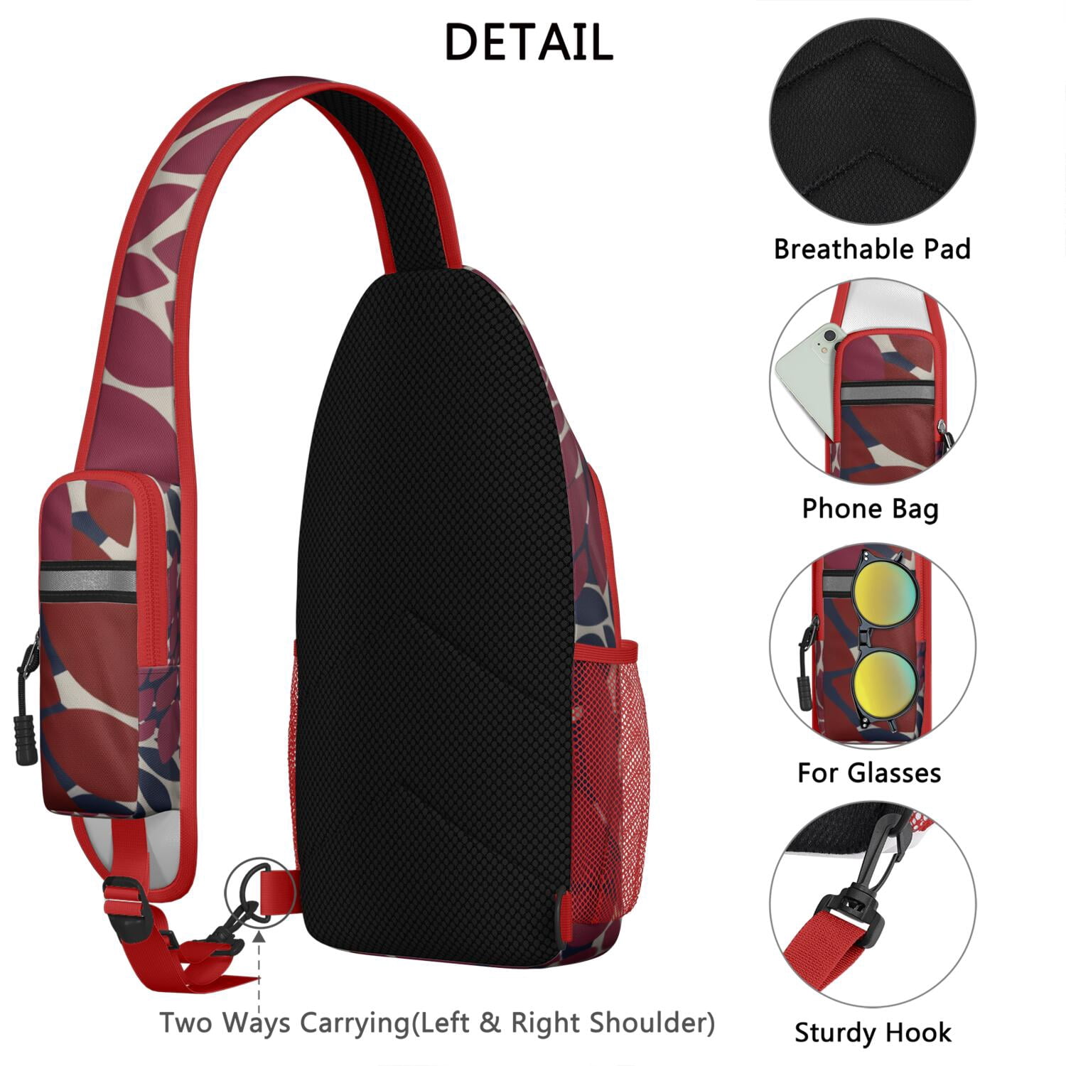 Hippie Sling Backpack, Geometric Ethnic Crossbody Daypack with Stripes and Waves Pattern, Lightweight Anti-theft Bag for Travel