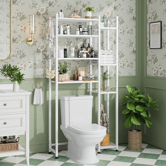 8 Tier Over The Toilet Storage with Side Rack, Bathroom Organizer Metal Shelves for Towels, White