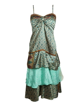 Mogul Women Beach Dress, Blue Beige Spaghetti Strap Dress, Bohemian Handmade Summer Dresses S/M