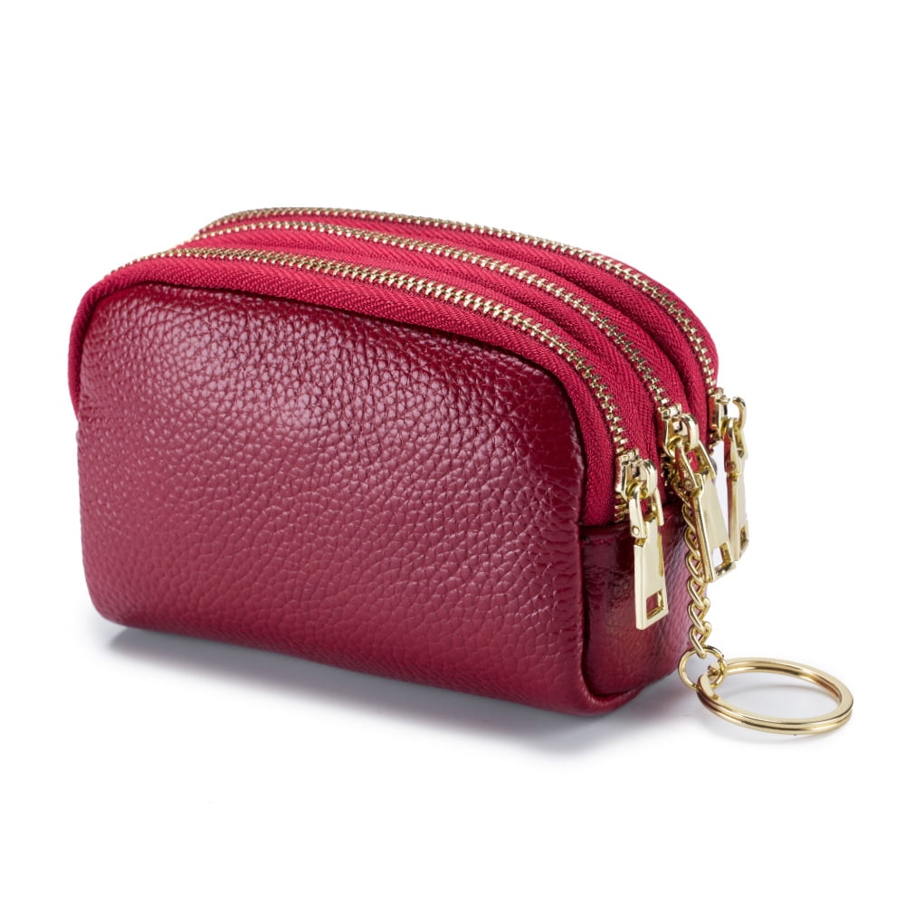 Burgundy 3 Zippered Genuine Leather Coin Purse Triple Capacity Change Pouch Little Travel Wallet with Key Ring for Women