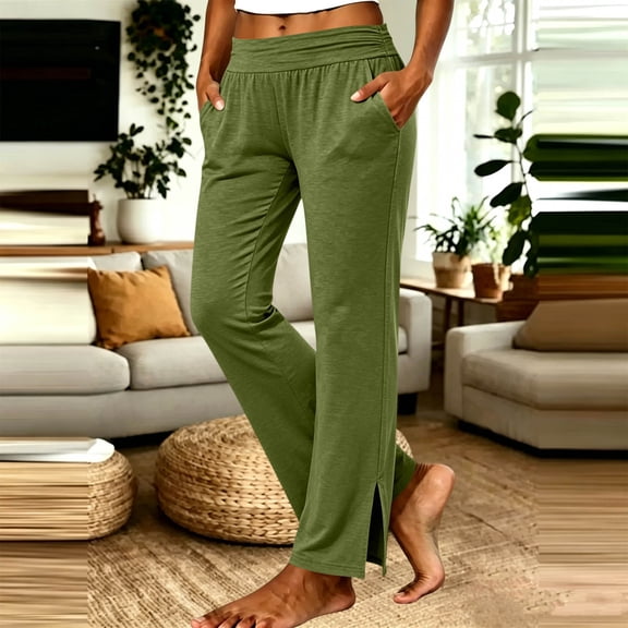 Women's Split Hem Straight Leg Yoga Pants, Soft Stretchy Ruched Waist Casual Loungewear Trousers with Pockets Green M