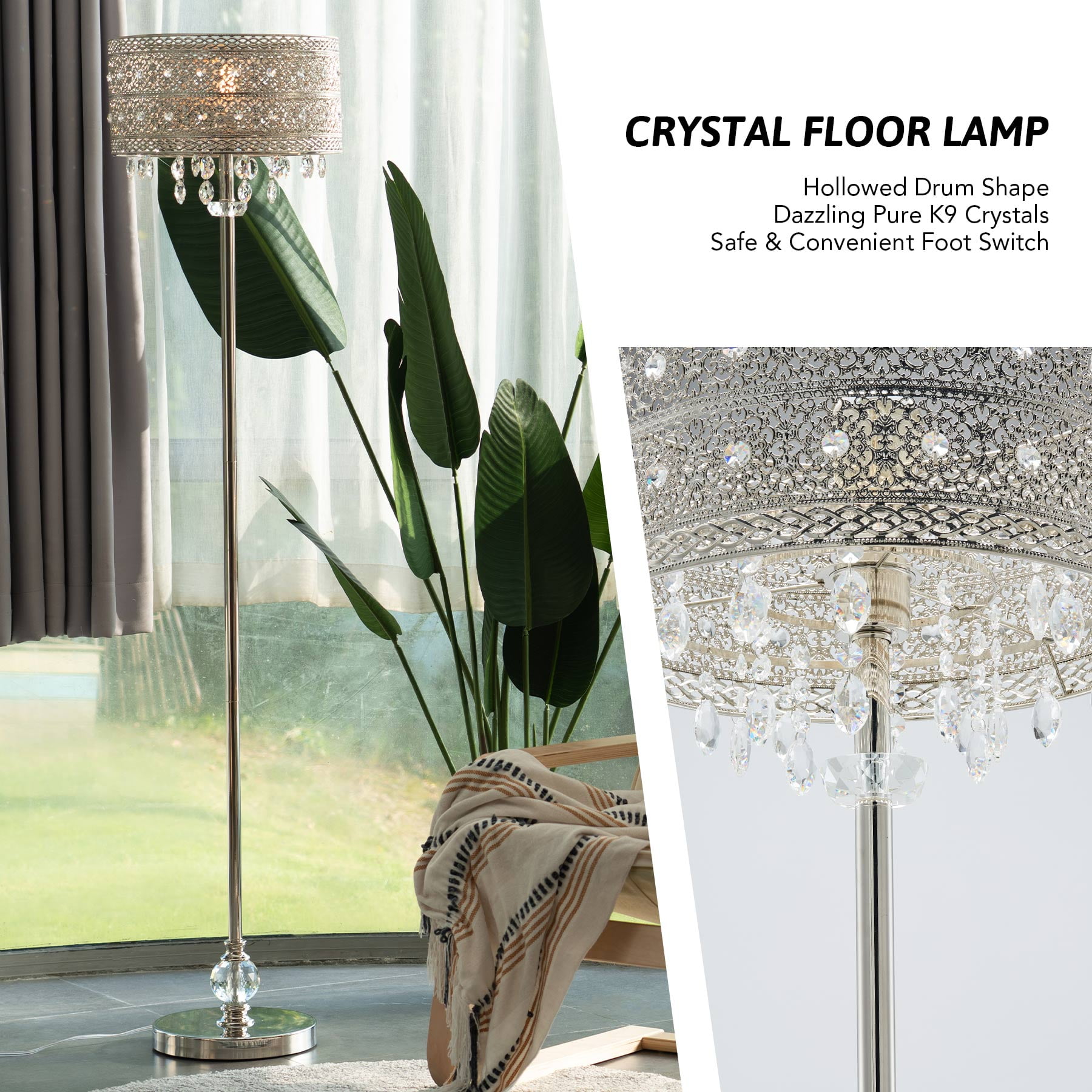 63" Crystal Floor Lamp w Hollowed Out Carved Shade & Silver Finish for