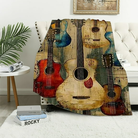 Autua Vintage Acoustic Guitar Blanket Gifts for Kids Women Adult Girls,Musical Notes Retro Throw Blankets,Soft Comfy Lightweight for Home Couch Bed Sofa Rustic Decor 40x50in