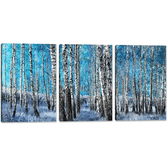 3 Piece Canvas Wall Art for Living Room, White Birch Trees in Blue Forest Painting Artwork Picture for Bedroom Office Home Wall Decorations
