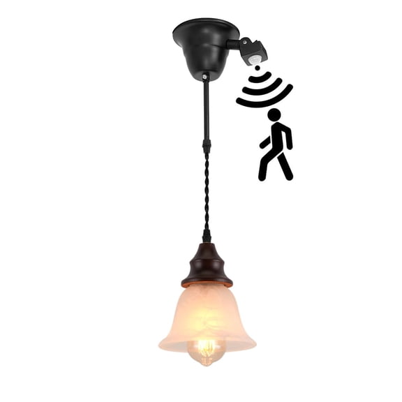 KAYYELAMP Motion-Activated H-Type Track Light Vintage Walnut Base White Frosted Glass Shade 1.9Ft Adjusted Cord Retro Style for Home Office Kitchen(No Bulb, Track)