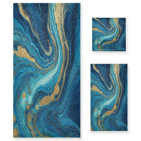 3 Piece Bath Towels Set Bath Towel, Hand Towel and Face Towel for Bathroom, Gym, Hotel Blue and Gold Ocean