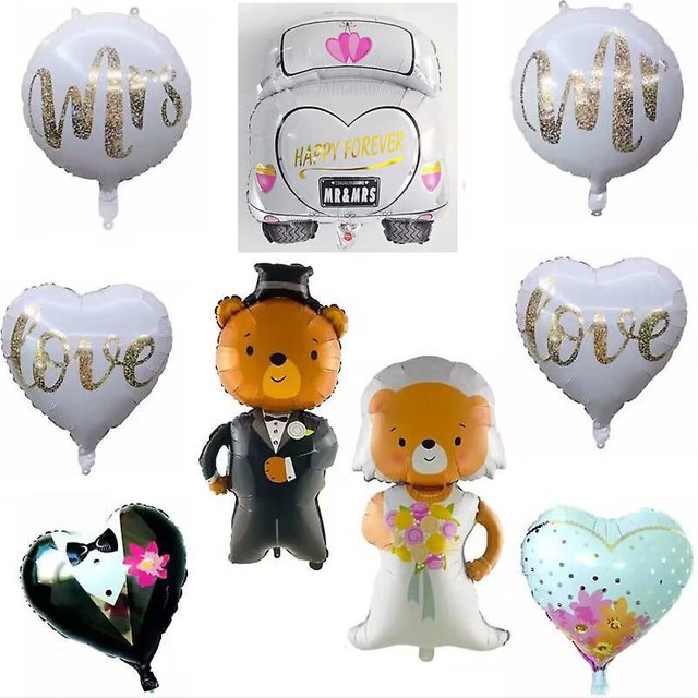 9 Pices Ballons De Mariage, Gant Ballons Voiture De Mariage, Ronds Mr Mrs D'aluminium Ballons, Xxl Ours Mignons Ballons Pour Mariage Fianailles Je