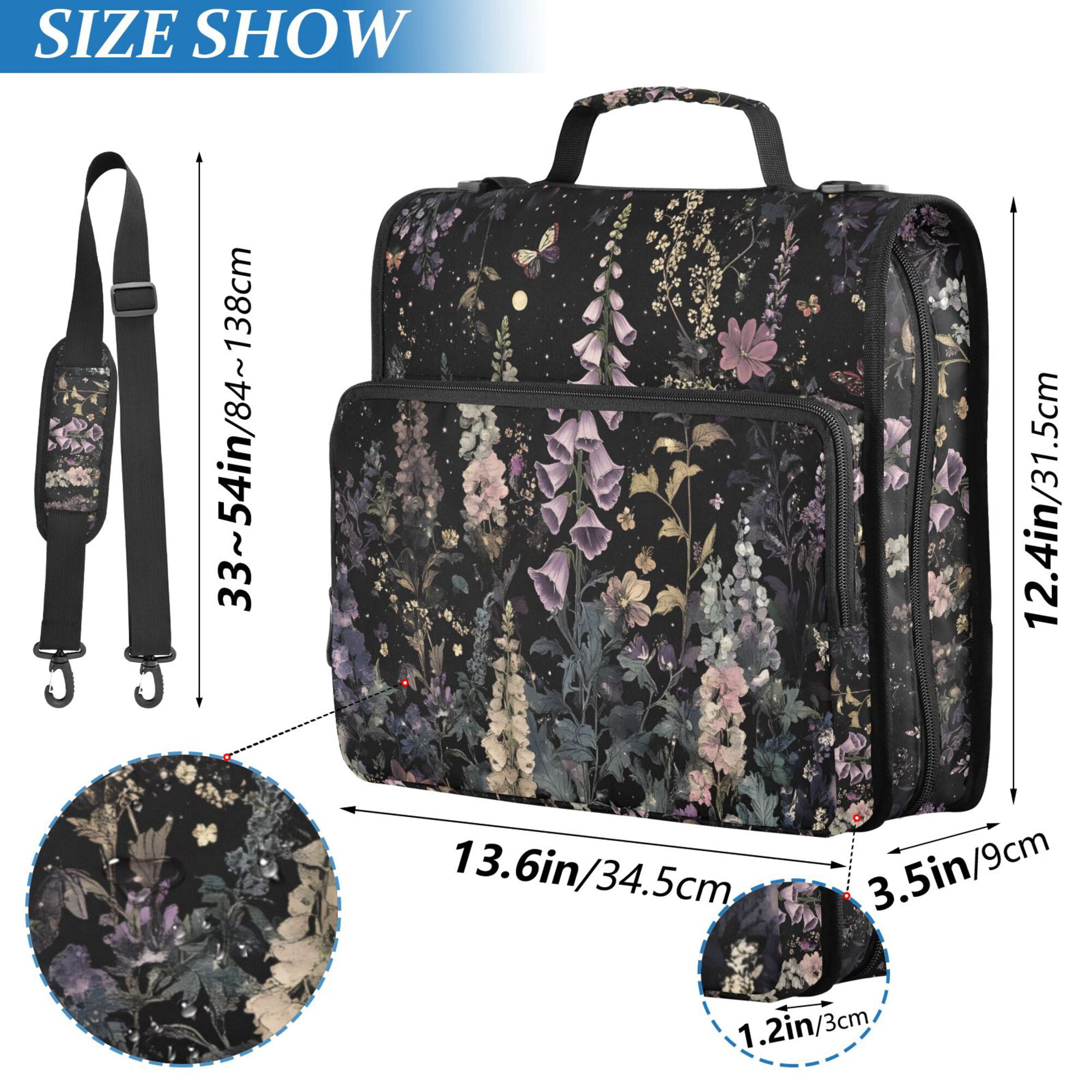 FORMRS Zipper Binder with Shoulder Strap 2-inch Ring 500 Sheet Capacity File Bag, Dark Flowers Pattern